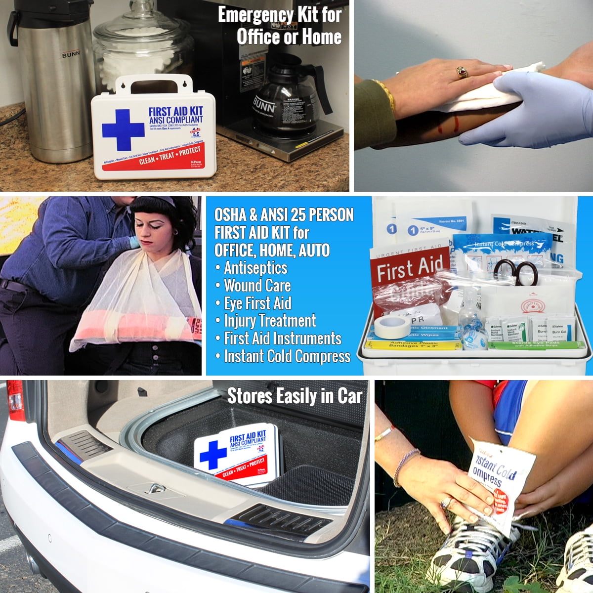 OSHA & ANSI First Aid Kit, 25 Person, 74 Pieces, ANSI 2015 Class A/Types I & II, Made in USA