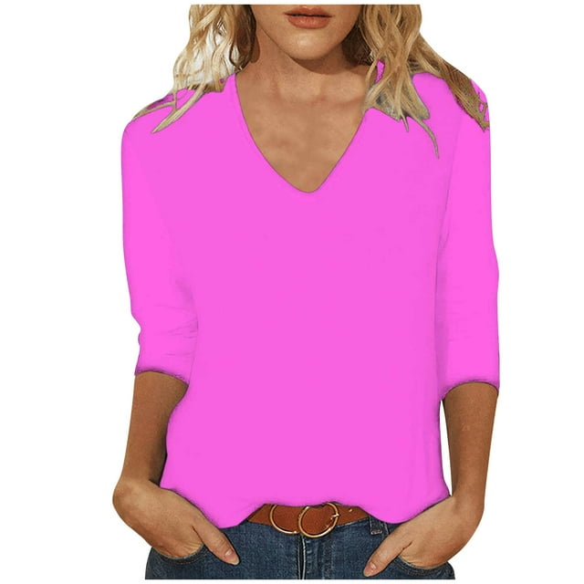 Birdeem T-Shirt Ample Uni pour Femmes, Blouse à Manches 3/4, Col en V, Hauts Décontractés