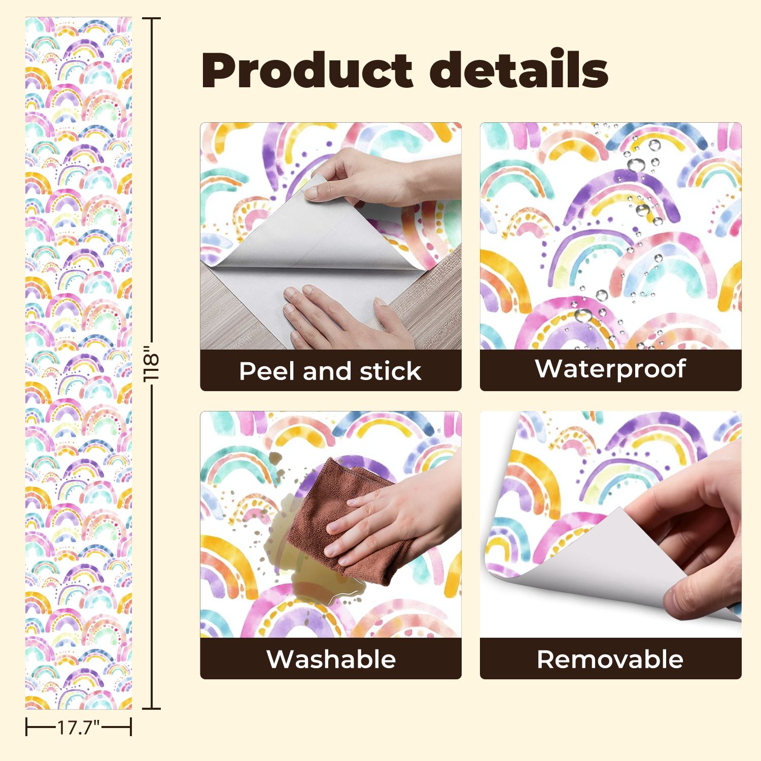 Peel and Stick Wallpaper 17.7in x 9.8ft Watercolor Rainbow Pastel Colors White Contact Paper Vinyl Self-Adhesive Removable Wall Paper for Bedroom DIY Home Decor Renter Friendly