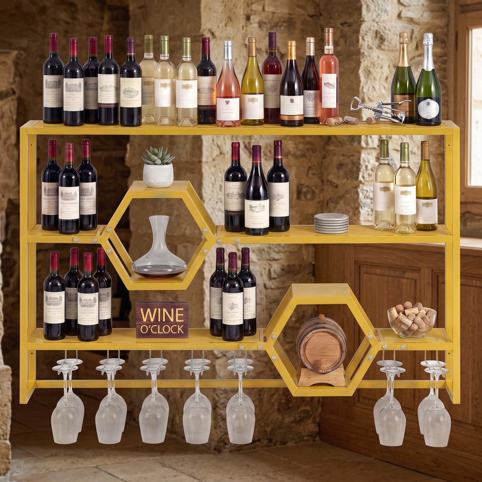 RUIE 47 Inch Wall Mounted Wine Rack, Large Floating Bar Shelf with Stemware Holder, Metal Hanging Wine Bottle Storage Organizer for Kitchen Dining Room Bar, Gold