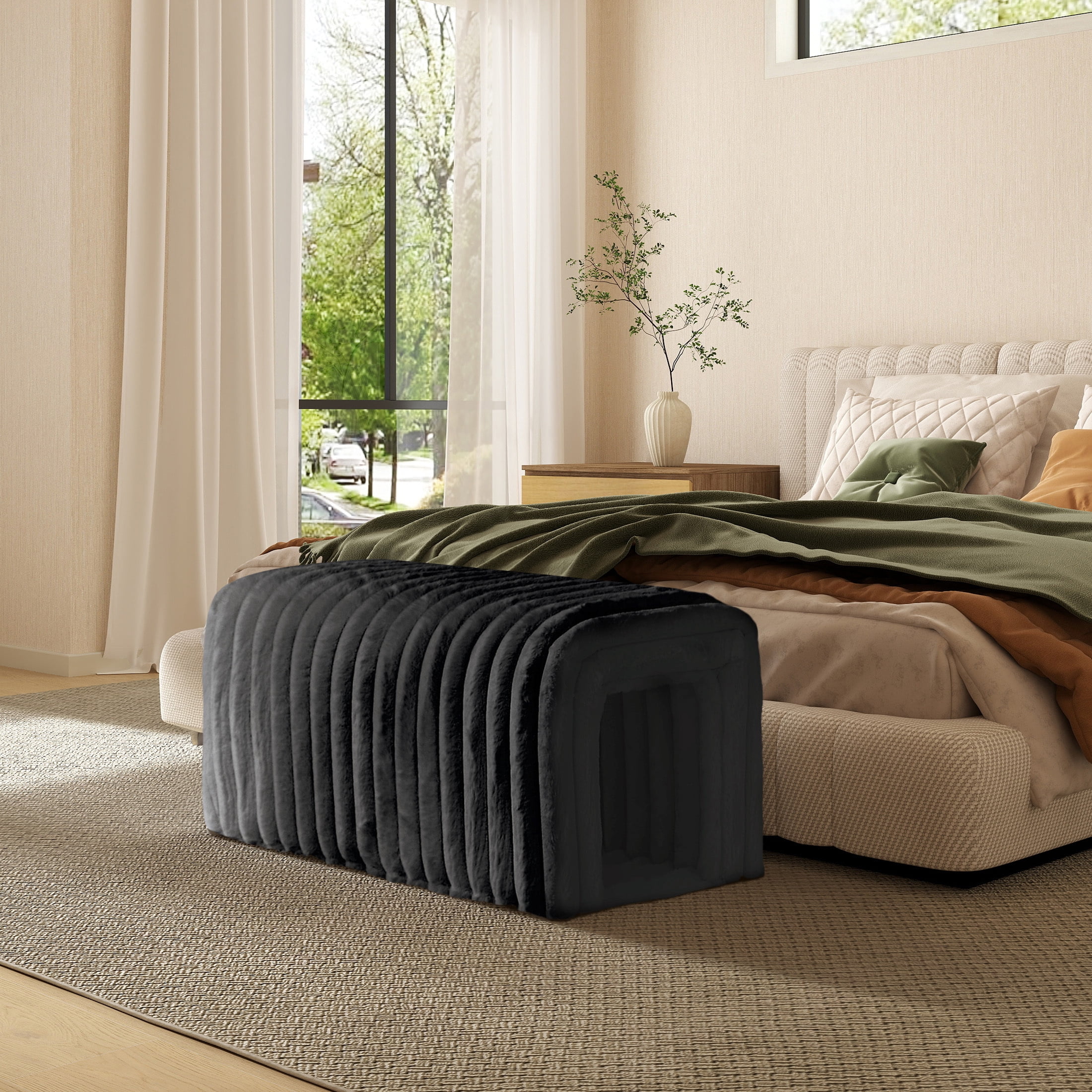 DEALTOPS Corduroy Storage Ottoman Bench, Cat Hideaway Foot Rest for Living Room, Bedroom, Entryway, Black