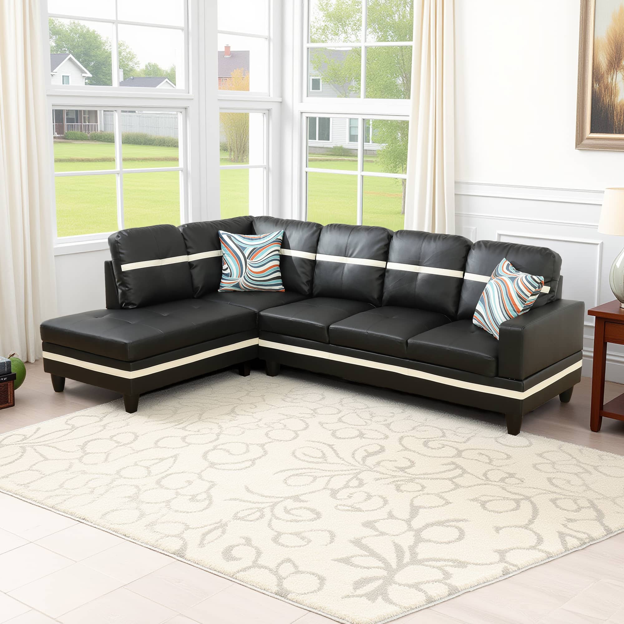 MAYEERTY L-Shaped Sectional Sofa with Storage Ottoman, Semi PU Synthetic Leather Couch Set for Living Room,Black and White