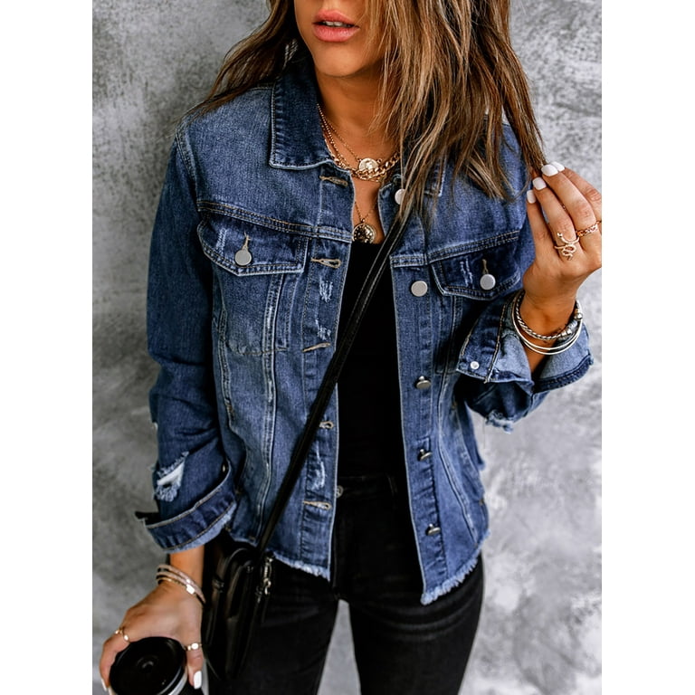Eytino Women Denim Jacket Distressed Boyfriend Jean Coat Jeans