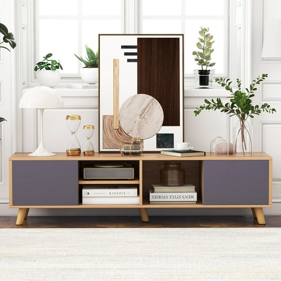 Giantex Meuble Télé pour Téléviseurs jusqu'à 65 Pouces, Centre de Divertissement avec Tablette de Rangement et Trous pour Câbles, Meuble Télé, Console Multimédia