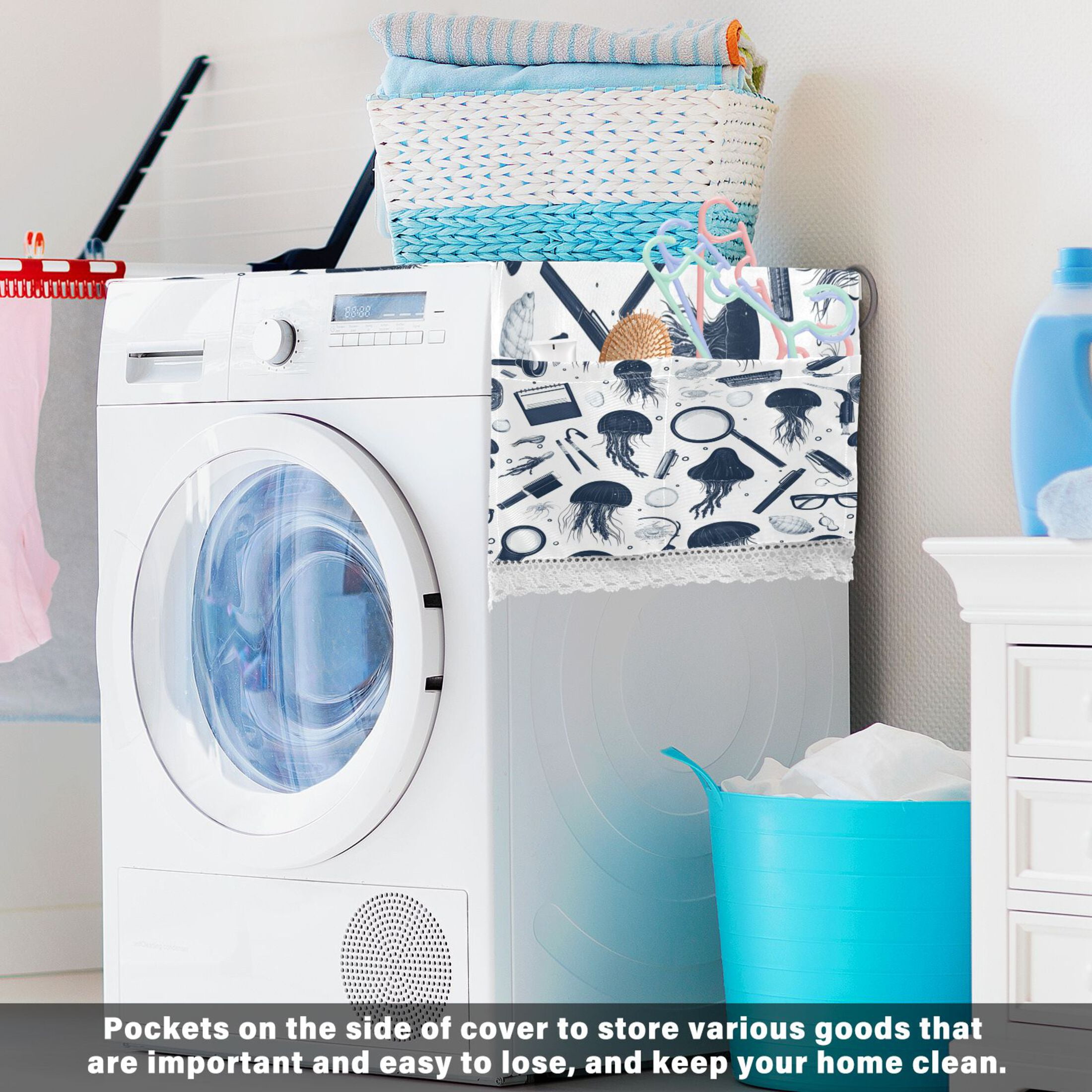 Blue Jellyfish PatternWasher and Dryer Covers Dust-Proof and Oil Resistant Fridge Cover with 4 Storage Pockets Washing Machine Top Cover for Laundry Kitchen Home 51.2 x 22 In