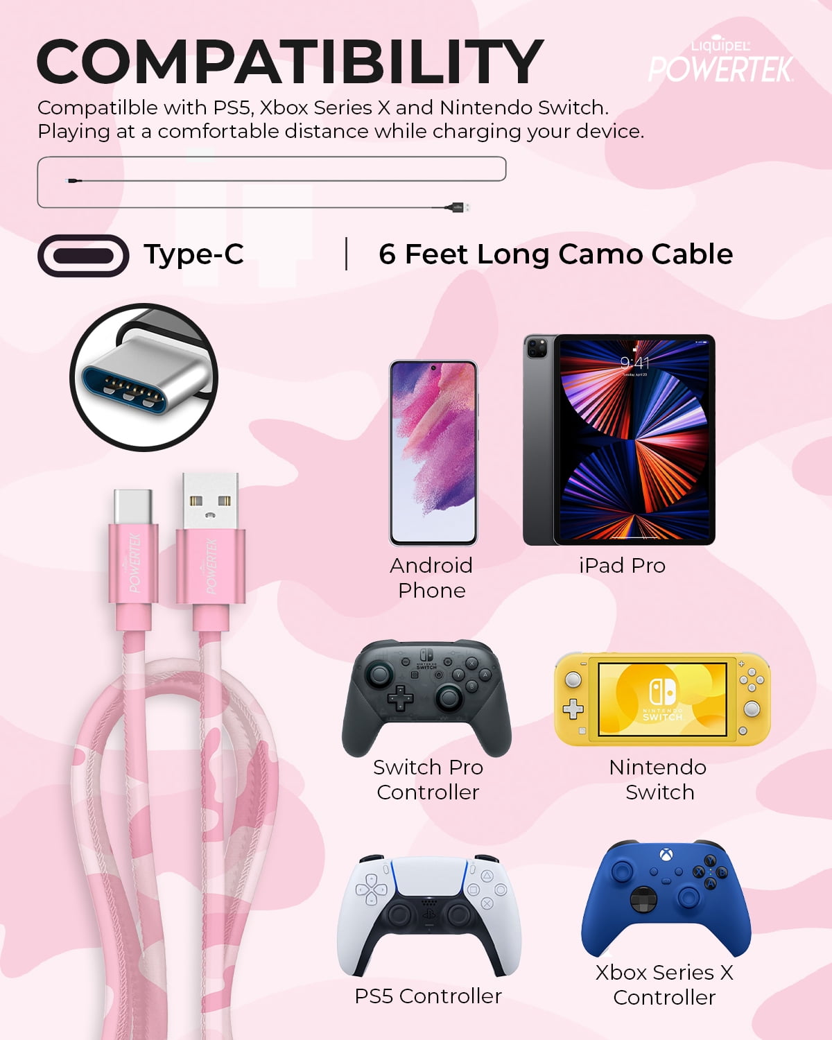 Liquipel PowerTek Type C Cable Camo - Pink