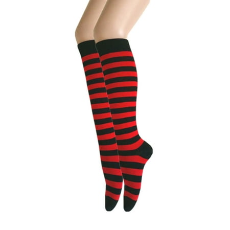 

Zebra Stripes Knee High Tube Vintage Socks For Women and Girls in Black with Red Color 2 Pairs Package