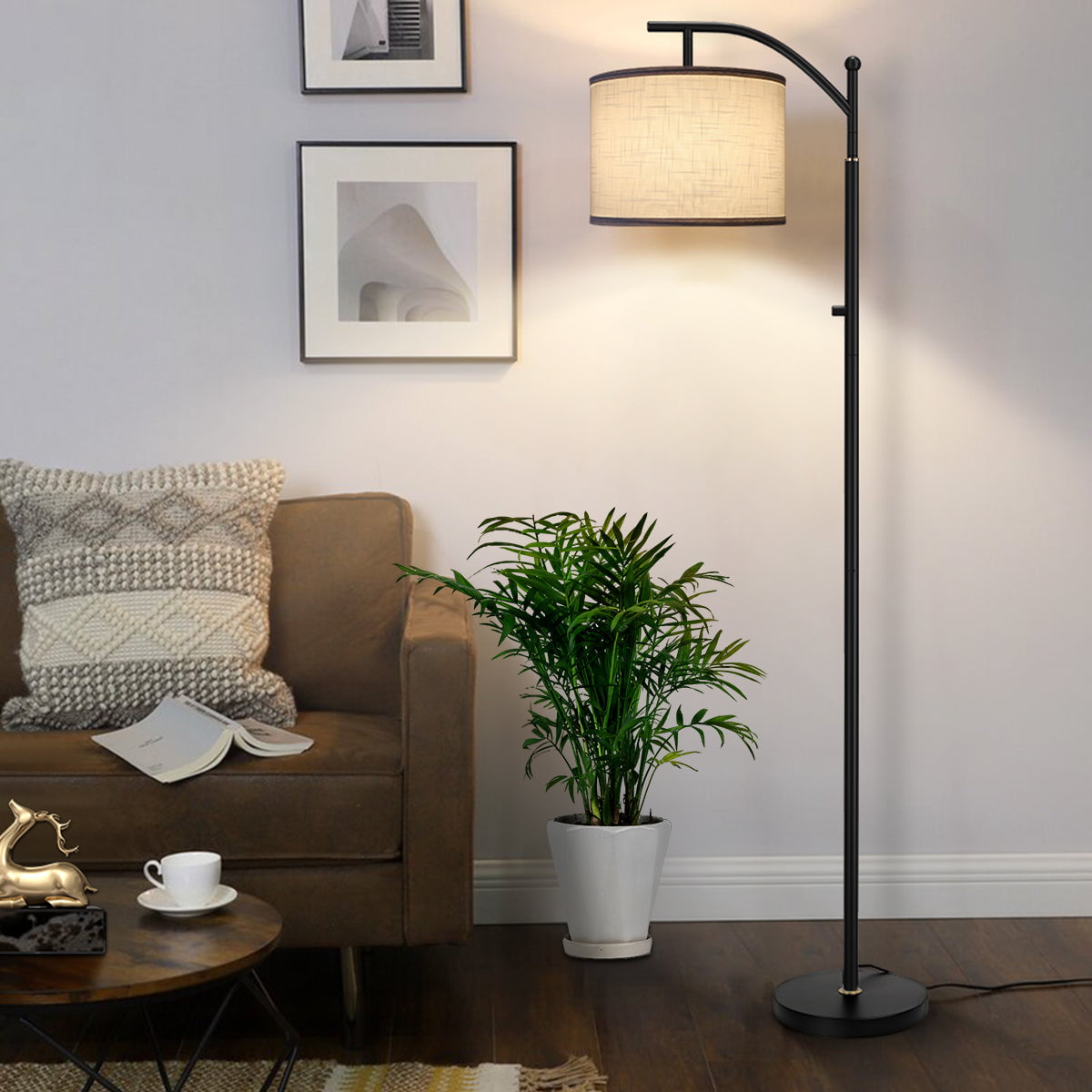 Bronze Bedroom Outon LED Floor Lamp 3 Color Temperatures Modern Lamp with Rotary Switch Office Adjustable Tall Standing Light with Hanging White Linen Texture Shade for Living Room 
