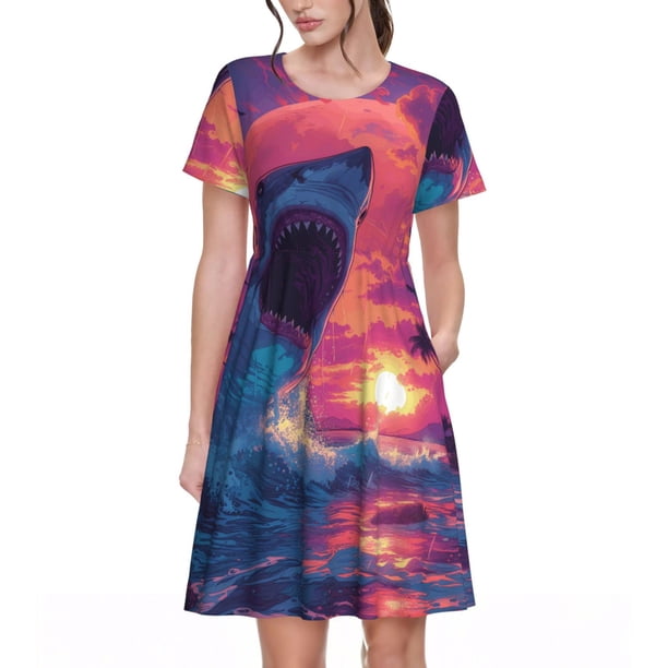 Easygdp Hawaiian Island Beach Shark para Vestido Transpirable de Mujer, Vestido Suelto de Manga Corta con Pliegues y Bolsillos para el Verano