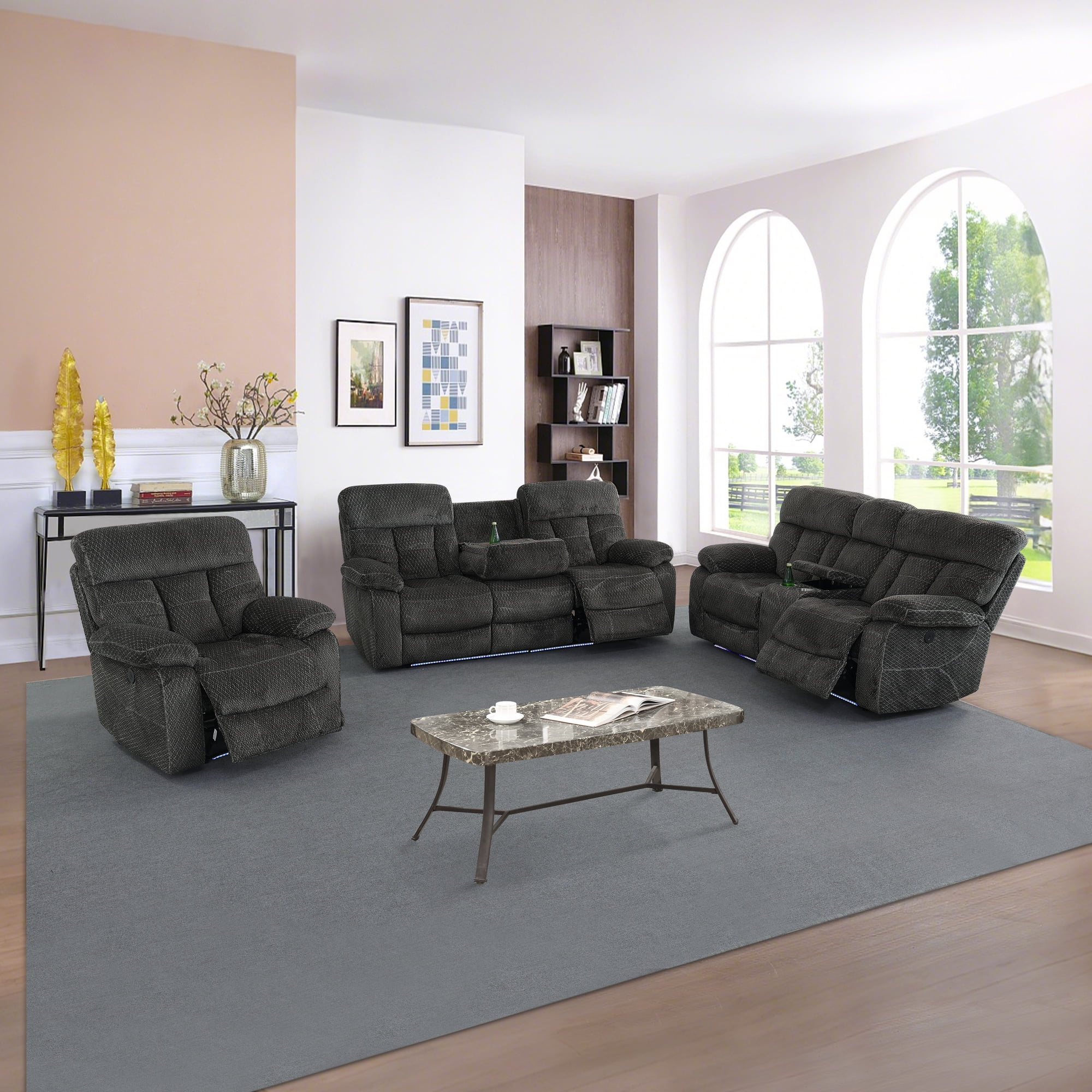 Gewnee 1+2+3‑Piece Power Recliner Sectional Sofa Set, Flock Upholstered Couch with Center Console Cup Holders, LED Ambient Light & USB Port for Living Room, Grey