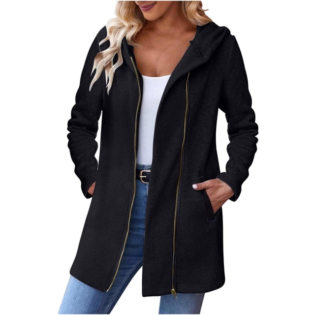 Swstbby Soldes d'Automne! Vestes d'Automne pour Femmes, Sweat à Capuche Uni avec Poche Zippée Noir TG