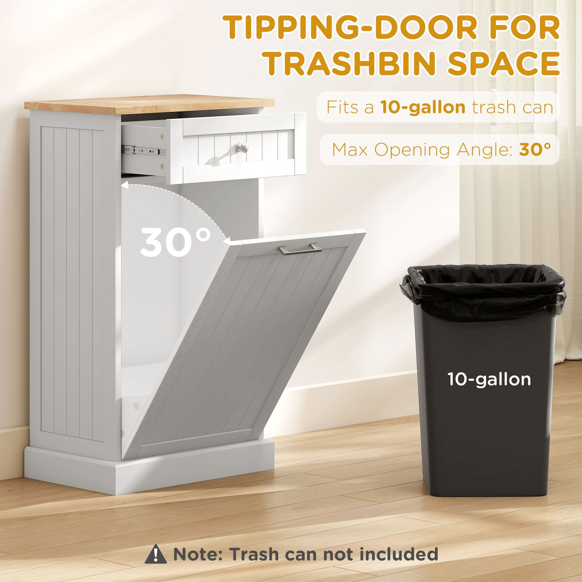 Tilt Out Trash Bin Cabinet with Drawer, Free Standing Recycling Can Holder, MDF and Wood, 20 in W x 13.25 in D x 35.5 in H, 10 Gallon Capacity, White