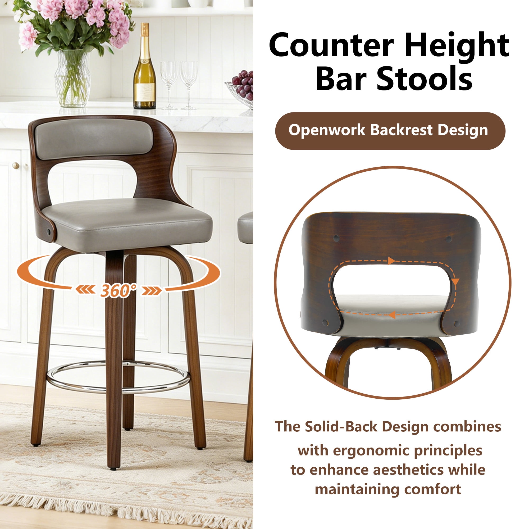 ClinQ 26 inch Swivel Bar Stool Set of 1, Counter Height Bar Chair with Walnut Legs and Silver Ring Footrest, Upholstered Faux Leather, Gray