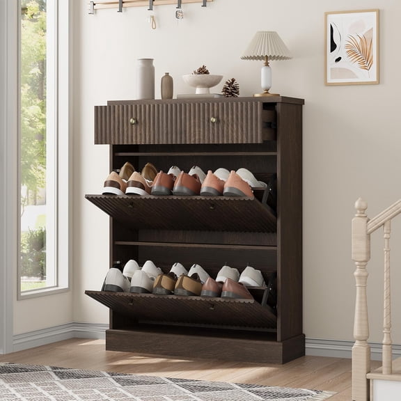 Shoe Cabinet with 2 Flip Drawers & 1 Top Drawer, Large Fluted Storage Cabinet with Adjustable and Removable Shelves, Freestanding Narrow Shoe Organizer for Entryway, Hallway, Walnut