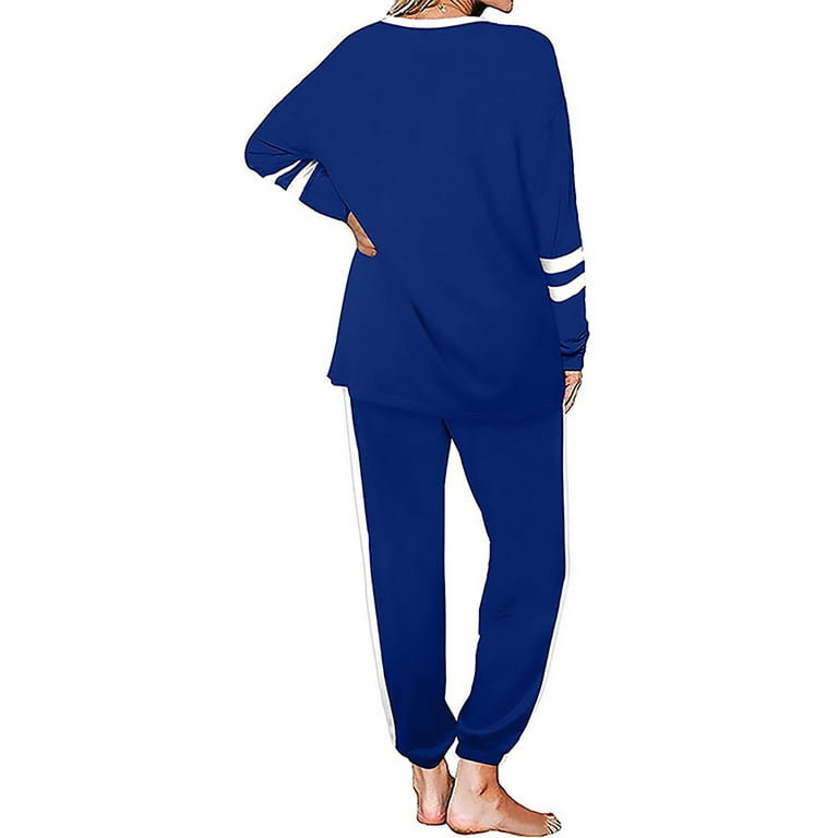Lumento Ladies Casual Jogger Set With Pockets Color Block Pajamas  Sweatsuits Loungewear Pullover Lounge Sets Blue XL 