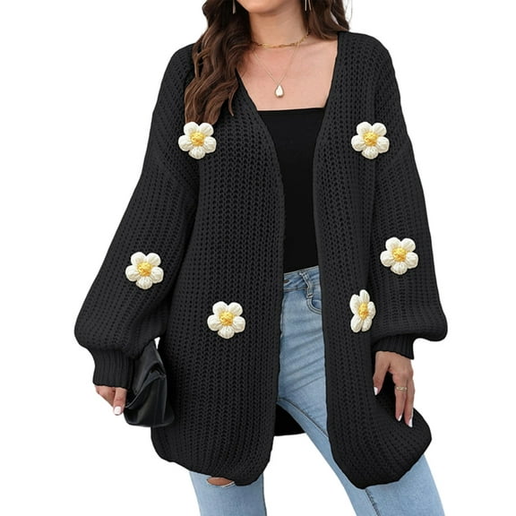Female Sweaters Floral V-Neck Long Sleeve Sweater Open Front Knit Buttonless Trendy Sweater Outerwear Black One size