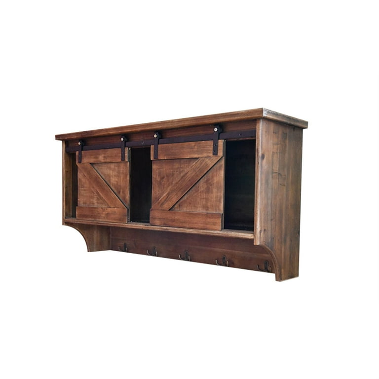 Rustic Wooden Shelf With Barn Door Storage And Hooks Rustic Wooden Shelf With Barn Door Storage And Hooks