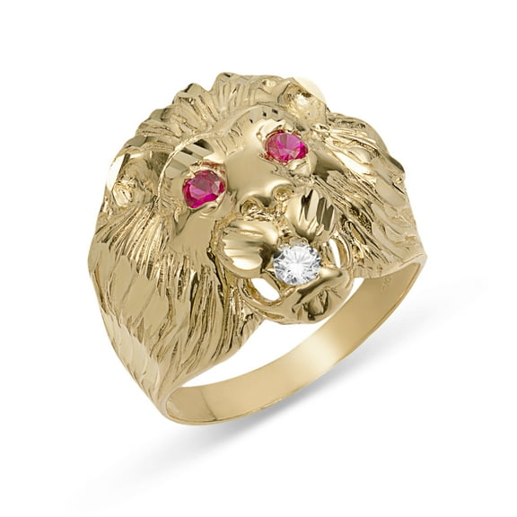 CZ Big Lion Head Men’s Adult Ring Ruby Eyes 10K Yellow Gold, 6.60 Gr – Goldum NYC