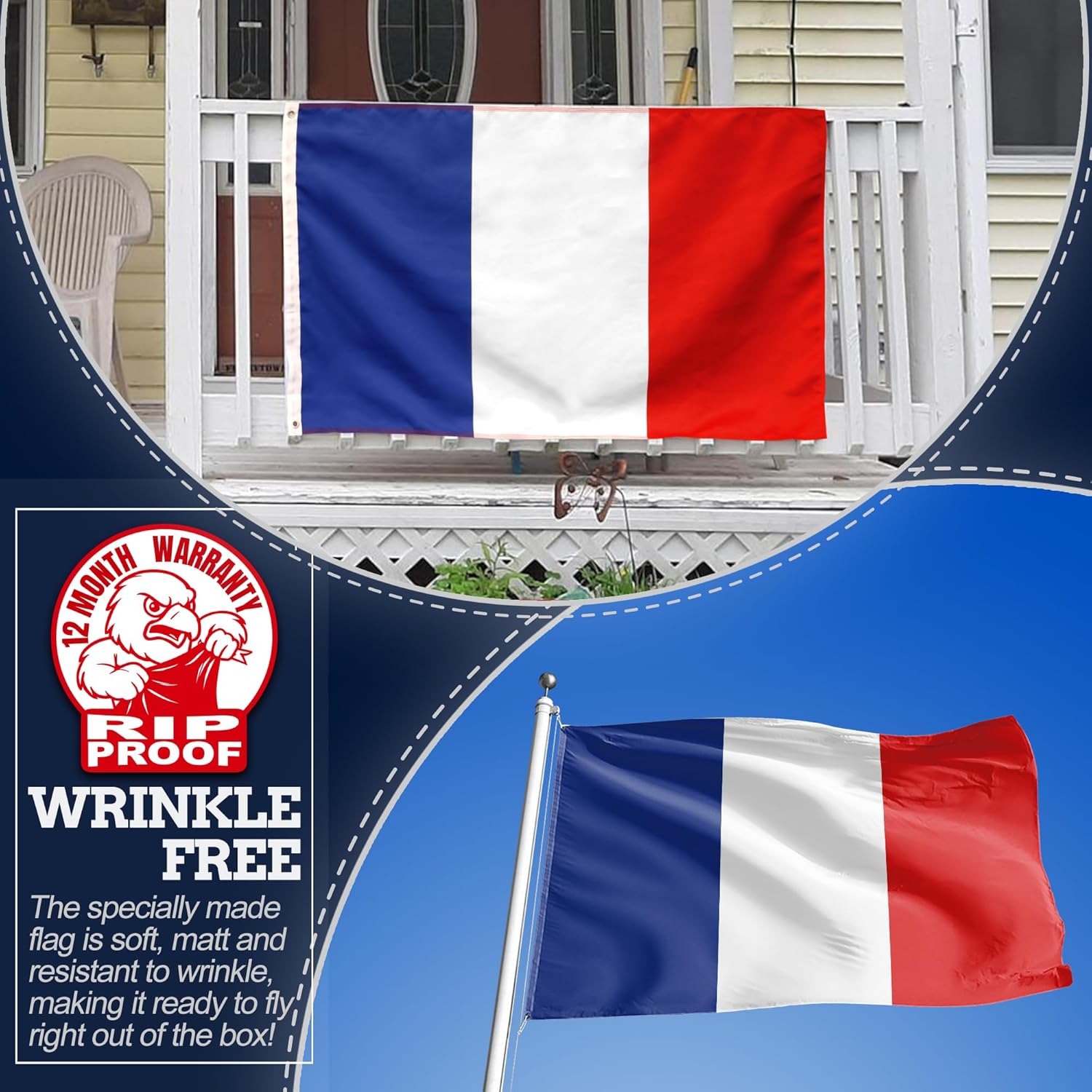 Anley Rip-Proof Double Sided 3-Ply France Flag 3x5 Ft - French National Flags 300D Polyester