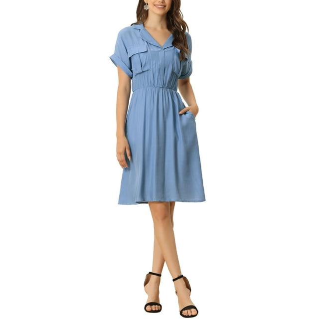 INSPIRE CHIC Robe-Chemise pour Femme de Travail à Revers Cranté, Col en V, Taille Élastique, avec Poches, P Bleu
