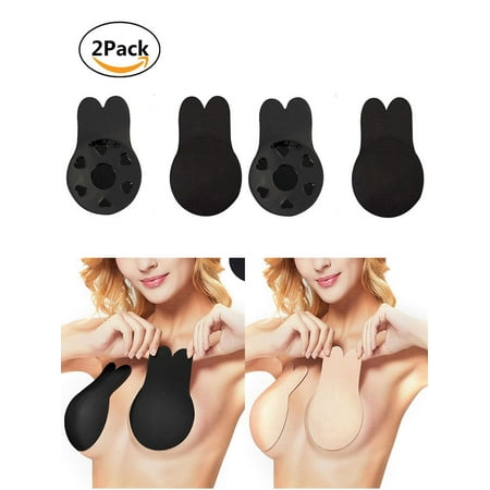 Spencer 2Pairs Rabbit Ear Women s Strapless Push Up Backless Bra Self Adhesive Invisible Bra Silicone Sticky Nipple Covers Breathable Lifting  Black  Cup DD