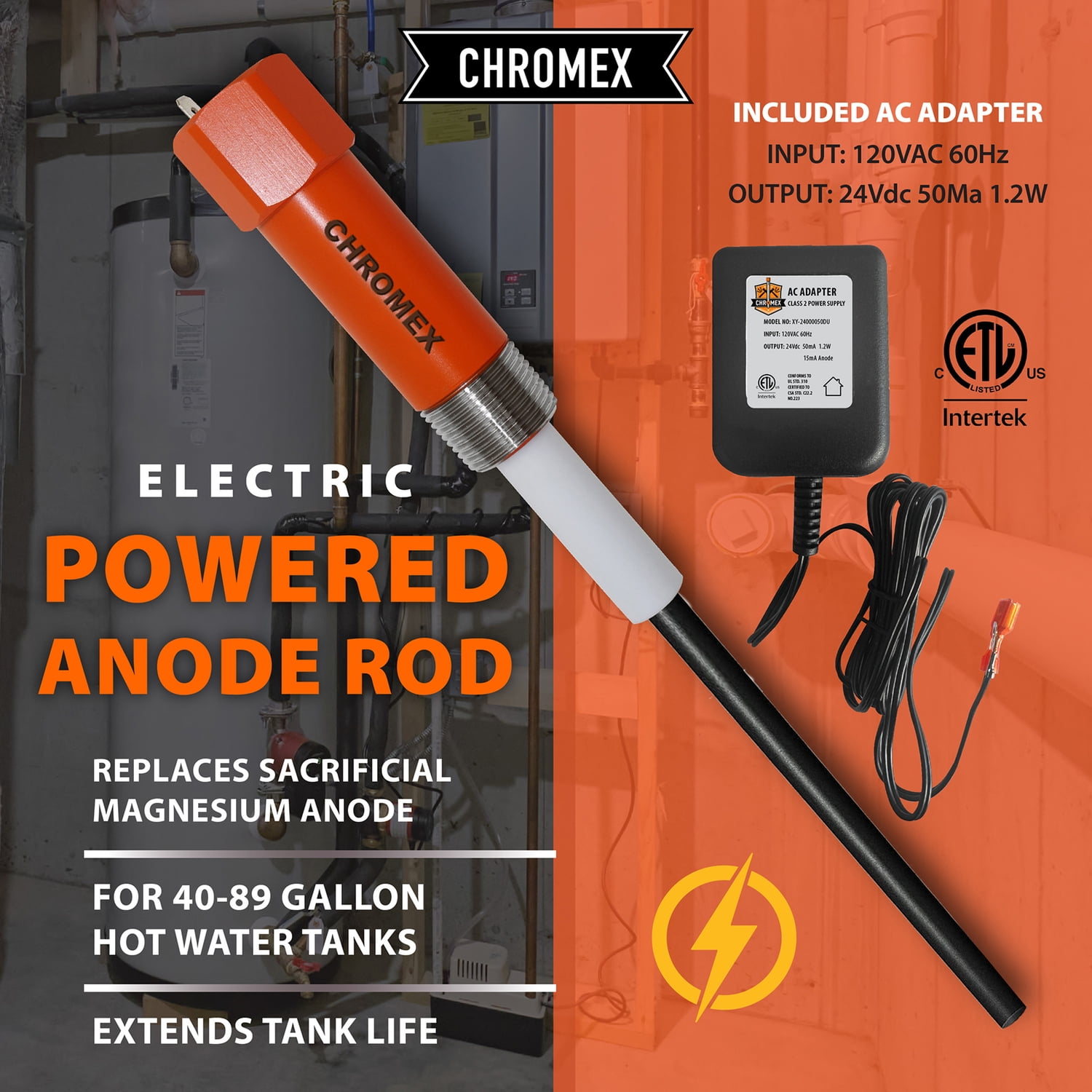Chromex Powered Titanium Anode Rod for Most 40- to 89-Gallon Water Heaters, Removes Sulfur/Egg Smell, Corrosion, and Scale
