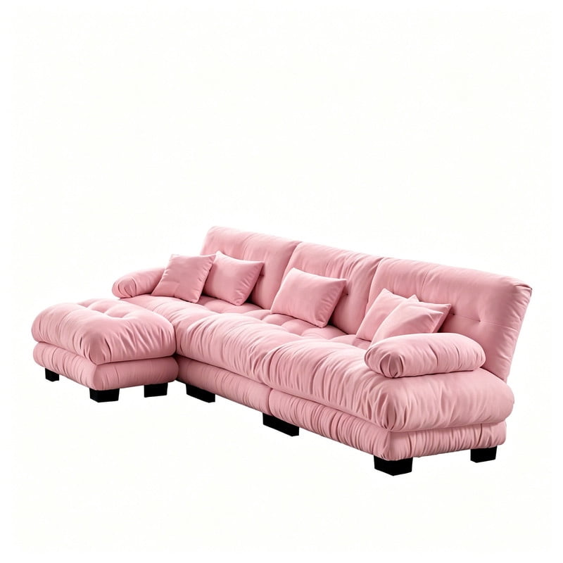 ANPPORT Cloud Couch Sleeper Sofa, Chenille Pink 3-Seater Modular Sofa with 1 Ottomans, 3 Lumbar pillows, 2 Pillows, Comfy Deep Seat Cloud Sofa, Convertible L-Shaped Floor Couch for Living Room