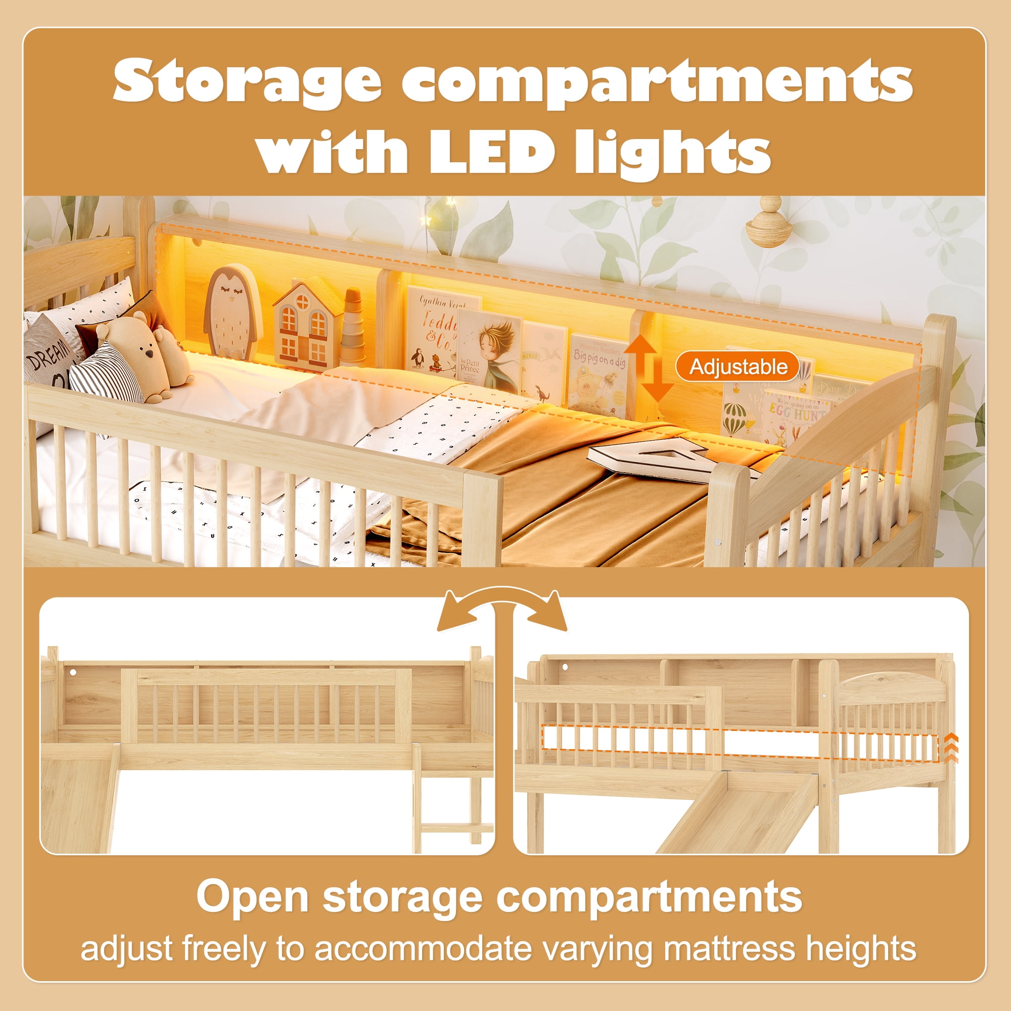Leumius Twin XL Size Loft Bed with Slide,Solid Wood Loft Bed Frame with Storage Shelves,LED Lights and Full-length Guardrails,No Box Spring Needed,Natural