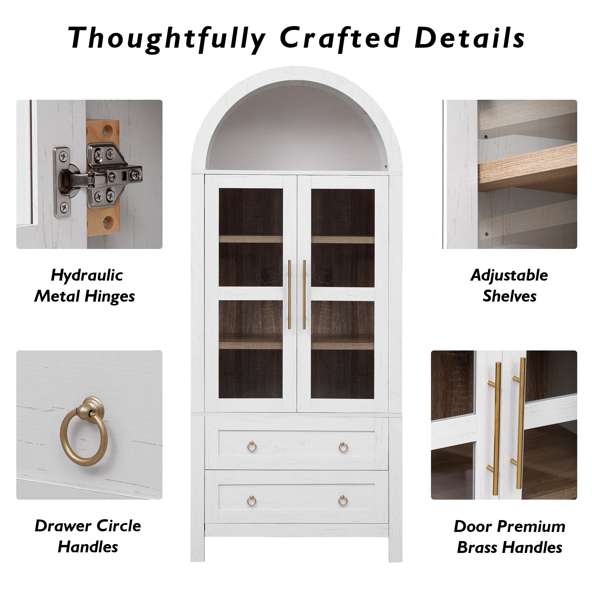 Harper & Bright Designs Arched Kitchen Pantry Cabinet with Glass Door and Shelves, Tall Farmhouse Kitchen Storage Cabinet with 2 Large Drawer and Versatile Cupboard, 71", White