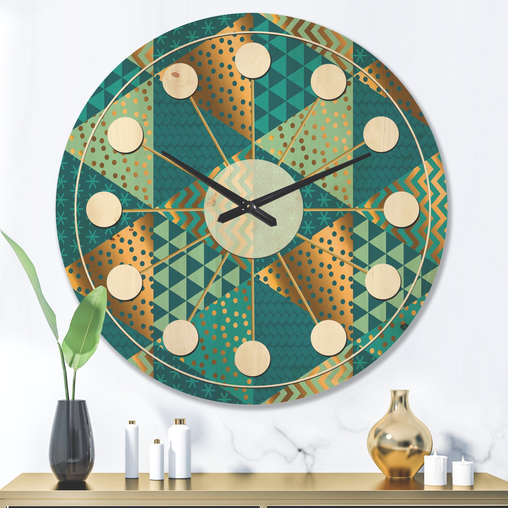 Designart 'Blue and Gold Dynamics I' Mid-Century Modern Wood Wall Clock