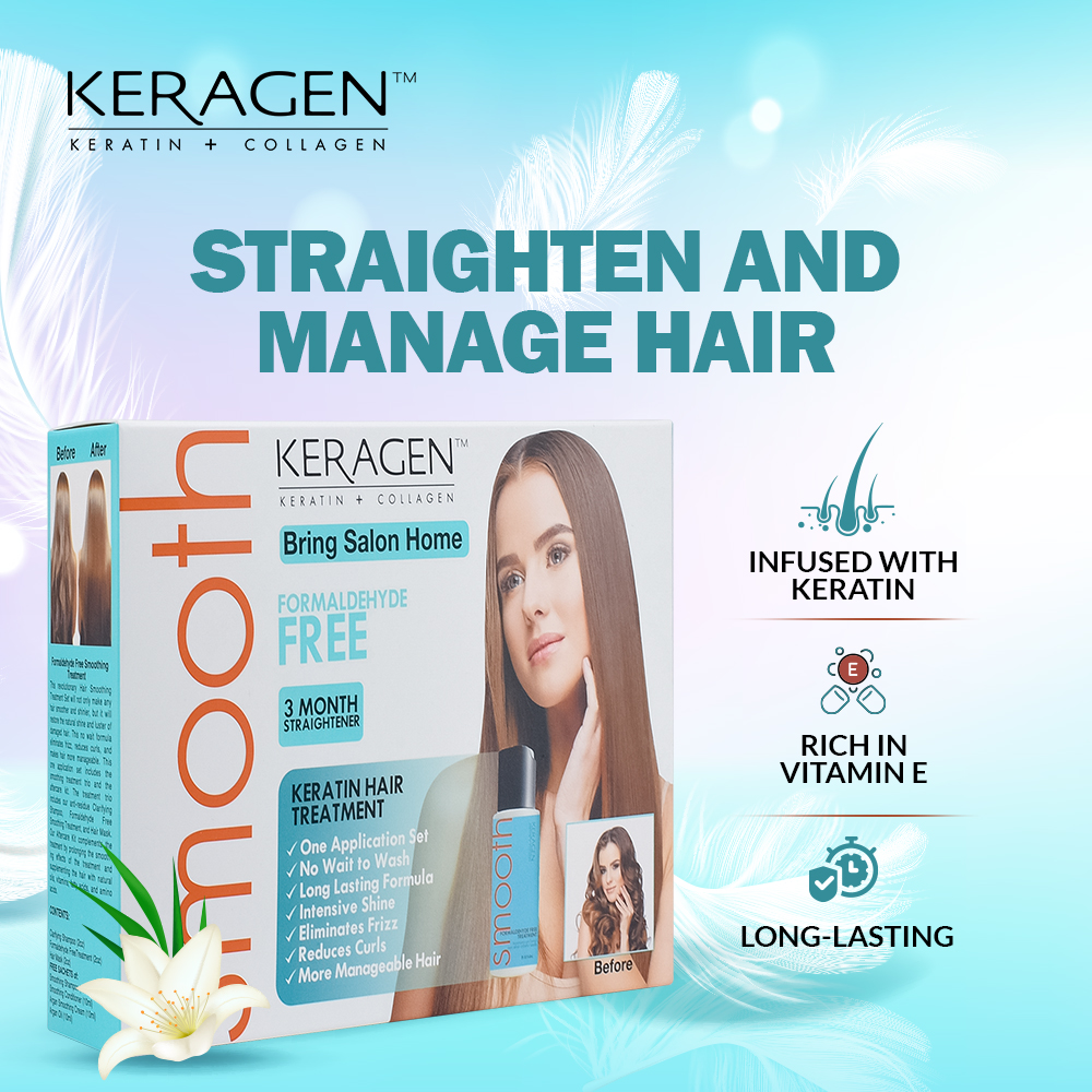 Keragen - Brazilian Keratin Hair Smoothing Treatment Express Home Kit - Blowout Straightening System, with 2 Oz Formaldehyde Free Treatment, 2 Oz Clarifying Shampoo and Aftercare Samples