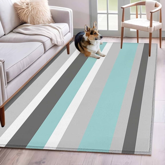 Geometric Stripes 3x5 Area Rugs for Living Room, Grey Turquoise Non Slip Floor Mat Washable Low-Profile Indoor Carpet for Bedroom, Dining Room, Bathroom