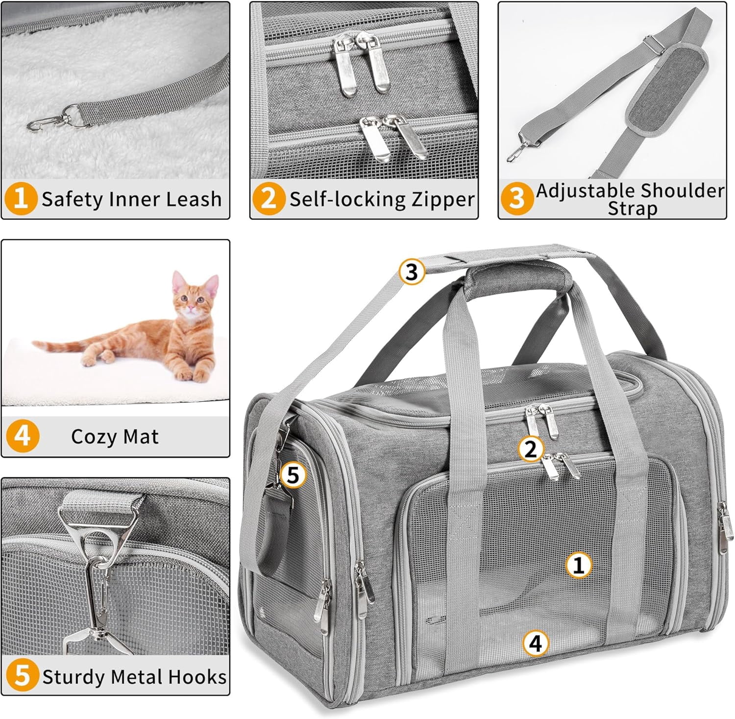 DENZUS Soft-Sided Cat/Dog/Pet Carrier, Collapsible Pets Travel Carriers for Big Cats/Small Dogs with Shoulder Strap & Removable Mat, Mesh Puppy Carry Bag, Up to 25 Lbs, TSA Airline Approved(Gray)