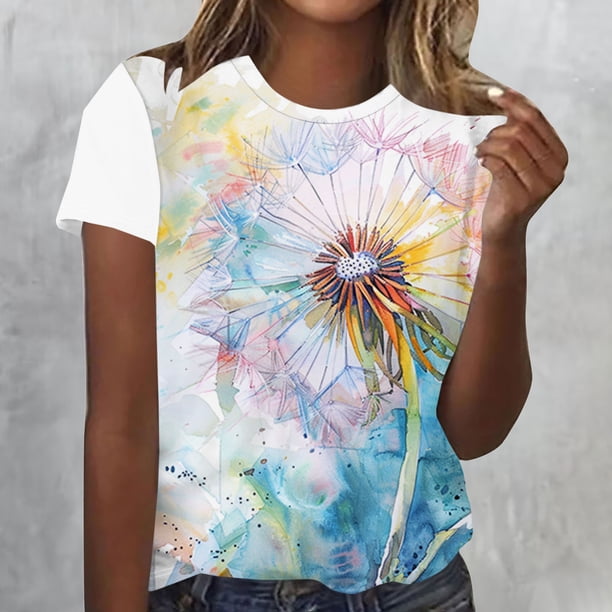 Fiudx Ofertas de La Semana Blusa de Manga Corta con Estampado de Moda para Mujer, Camiseta con Cuello Redondo, Tops Informales