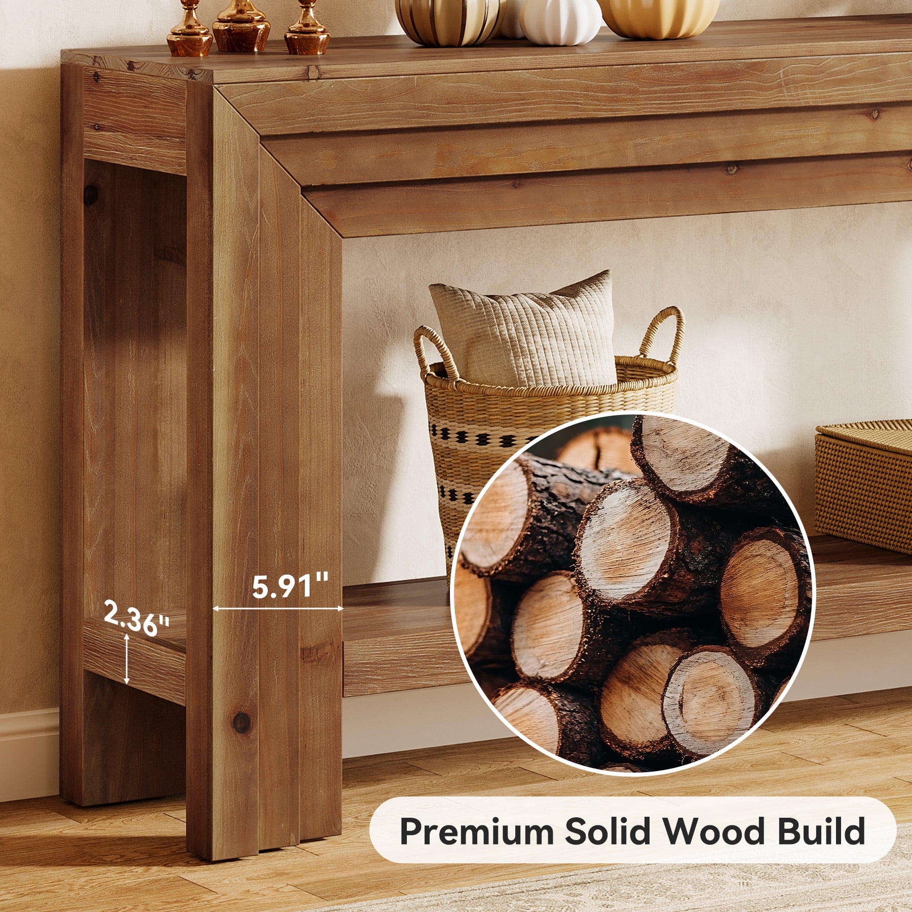 Tribesigns 63-Inch Solid Wood Console Table, Farmhouse Entryway Table with Dimensional Linear Frame for Entrance, Hallway, Living Room, Brown