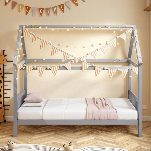 SESSLIFE Twin House Bed Frame for Boys Girls, Solid Wood Kids Bed with End Guardrails, 13 Slats, No Box Spring Needed, Gray