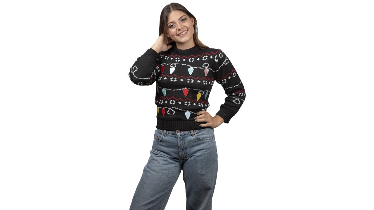 Suéter navideño ugly luces navideñas para mujer Rev Sueter cerrado