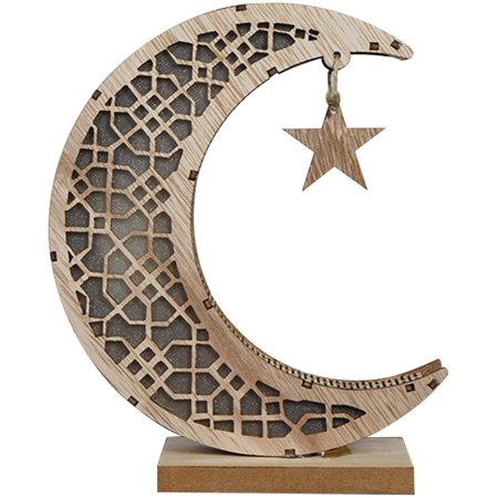 Eid Mubarak Crescent Light, Wooden LED Moon-star Night Light ...
