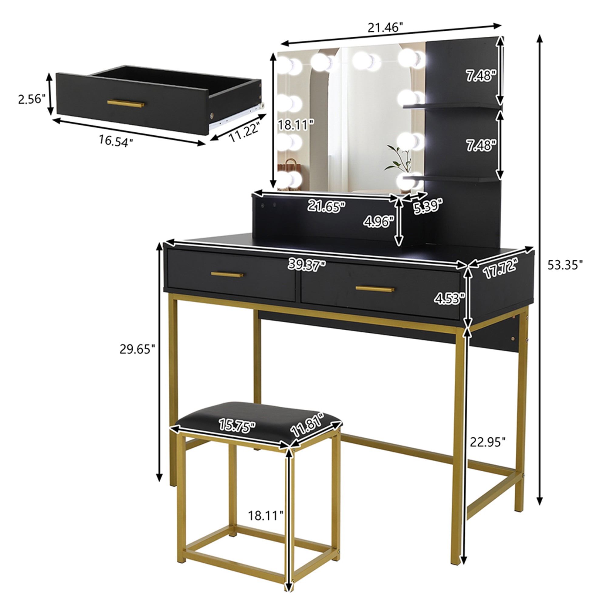 Kadyn Makeup Dressing Table with 10 LED Bulbs, Makeup Table with Mirror and Lights for Women, Girls, Bedroom, Black Kadyn Makeup Dressing Table with 10 LED Bulbs, Makeup Table with Mirror and Lights for Women, Girls, Bedroom, Black