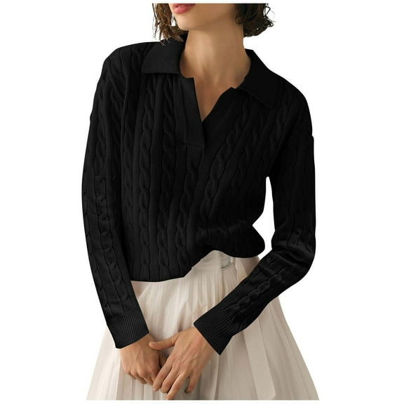 Uootdi Early Fall Fashion Womens Long Sleeve Polo Shirts for Women Tops V Neck Cable Gift Knit Sweaters Winter Trendy Outfits