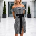 thumbnail image 2 of DHFJKG Summer Off Shoulder Dresses For Women Wedding Guest Dress Casual Striped Tie Waist Short Sleeve Slit Midi Sundress Cozy Dresses, 2 of 5