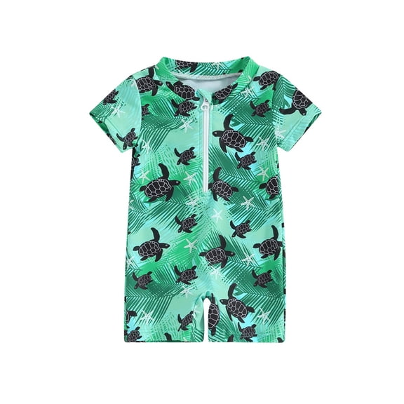 Qtinghua Newborn Infant Toddler Baby Boy Rash Guard Swimsuit Romper Zipper Short Sleeve Turtle/Shark Print Bathing Suit Swimwear Green 0-3 Months