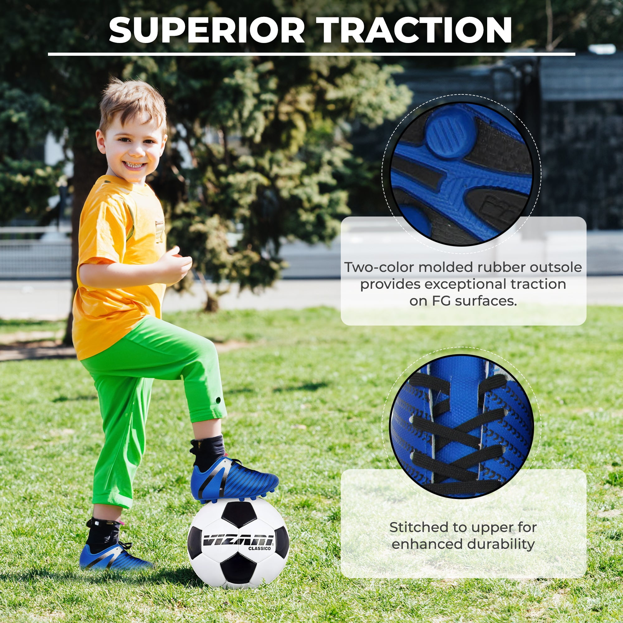 Vizari USA Impact Firm Ground Soccer Cleats for Kids – Comfortable, Lightweight, and Durable Shoes for Toddlers, Little Kids, and Big Kids - Blue/Silver, 2.5