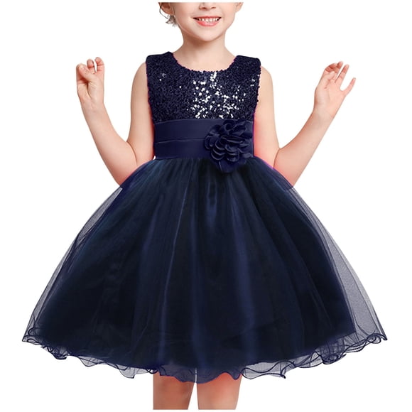 NiSHUIHAN Baby Girl Dress Girls' Summer New Sleeveless Ruffled Lace Round-Neck Embroidery Mesh Princess Bow Skirt Blue 5 Years