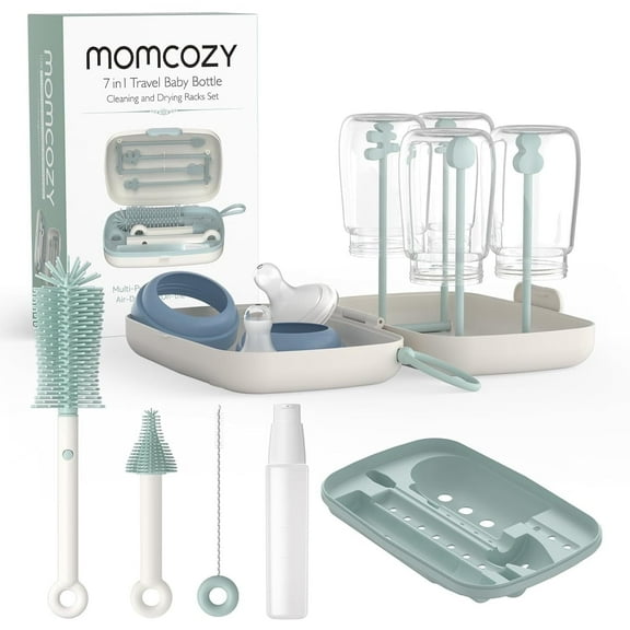 Momcozy Portable Bottle Brush Set - Baby Bottle Cleaner Kit with Silicone Brush, Drying Rack - 6 in 1 Bottle Cleaning Tool for Home and Travel Green 1 Set