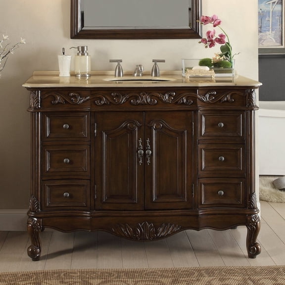 Benton Collection 42" Traditional Dark Brown Bathroom Vanity with Cream Marble Top