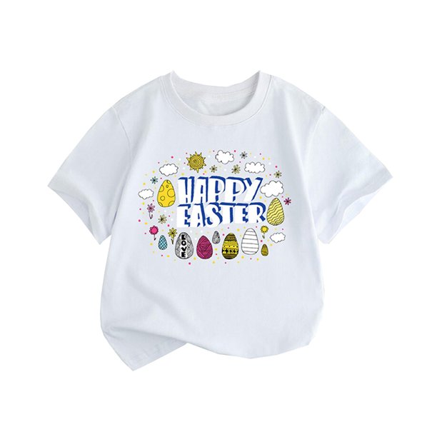 Gibobby blusas de cuello Ropa de verano para niños, estilo de Europa y Unidos, camiseta de manga corta para niñas, camiseta con estampado de conejito de Pascua y cuello redondo (Blanco, 8-9 Años)