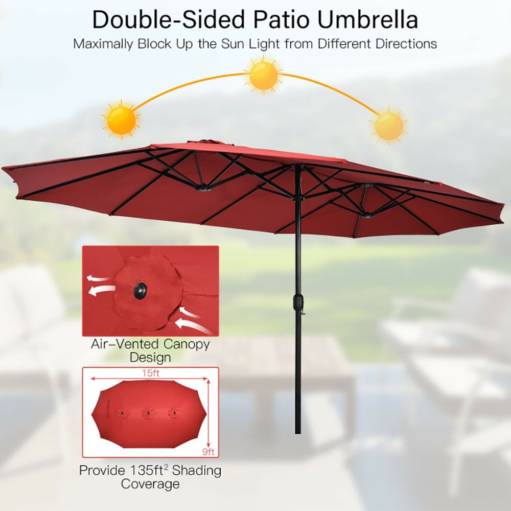 Aimee Lii 15 Feet Double-Sided Twin Patio Umbrella with Crank and Base, Sunbrella Patio Umbrellas, Red Aimee Lii 15 Feet Double-Sided Twin Patio Umbrella with Crank and Base, Sunbrella Patio Umbrellas, Red