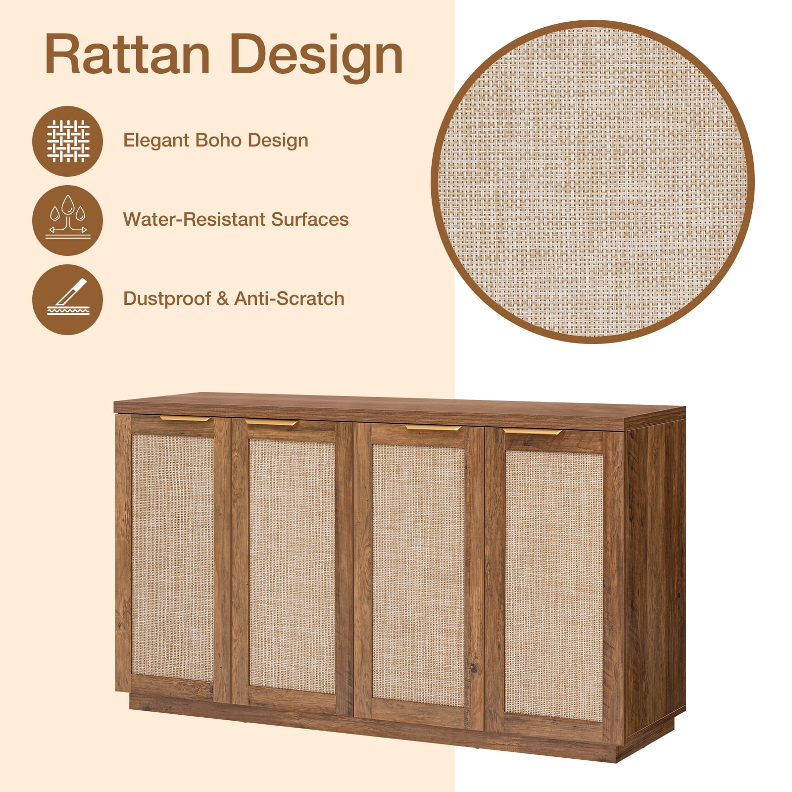Hommpa Storage Sideboard Rattan Sideboard Buffet Cabinet with Adjustable Shelves 4-Doors Kitchen Storage Cabinet for Dining Room, Living Room,Bedroom, Hallway, Brown