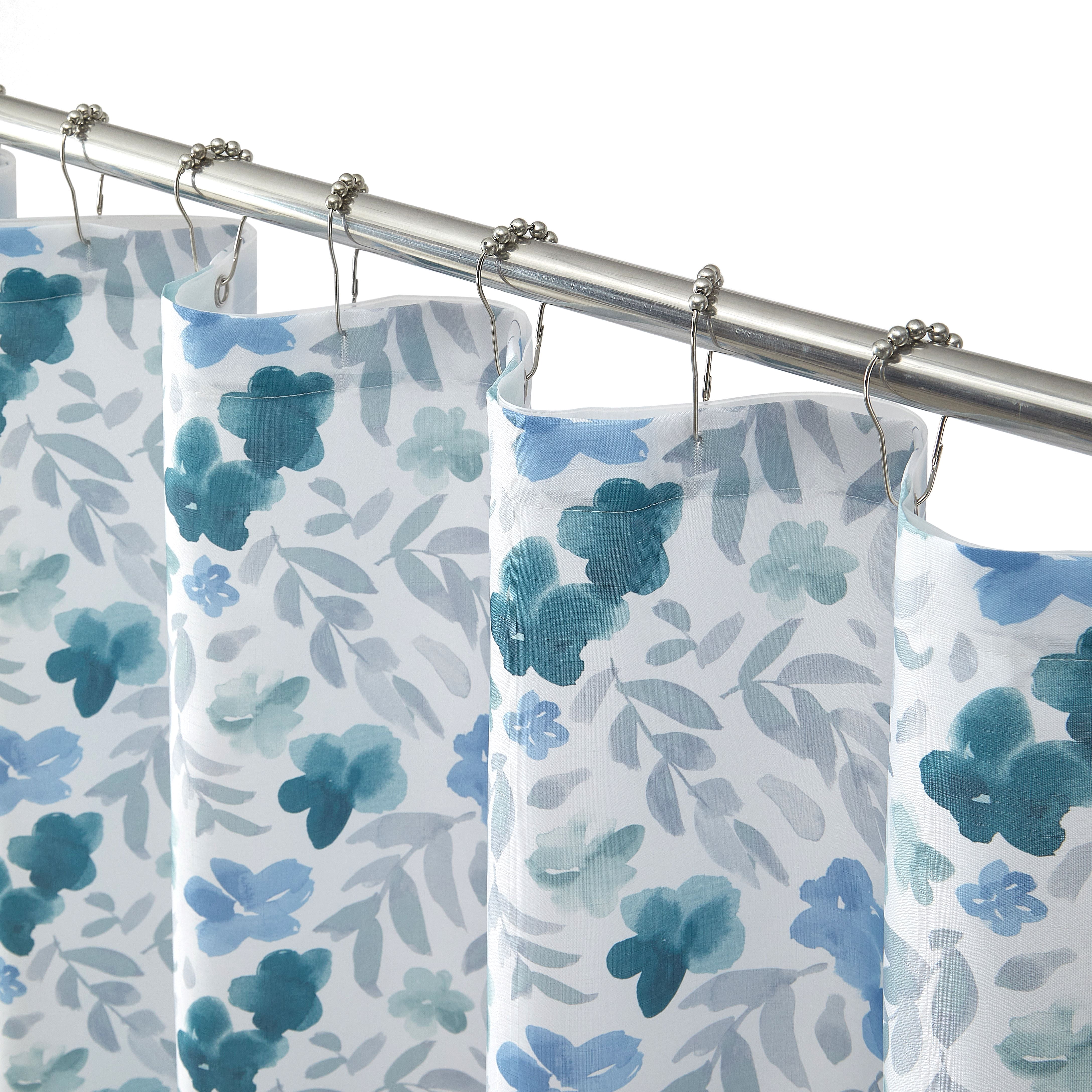 Mainstays 14 Piece Green and Blue Floral Scallop Shower Curtain Set – 72" x 72" Faux Linen Fabric, Waterproof PEVA Liner & Metal Hooks, Machine Washable